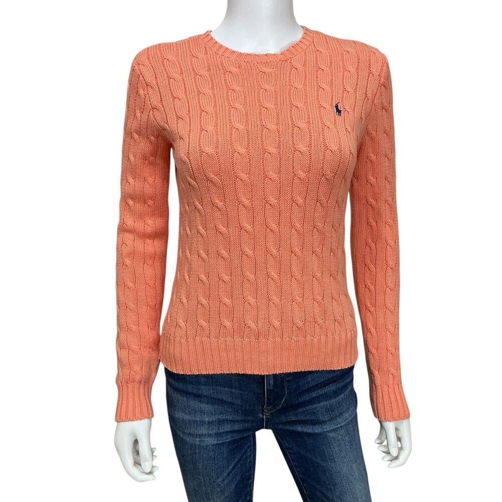 Polo Ralph Lauren Womens Cable Knit Crewneck Sweater Size S Coral Tennis Preppy